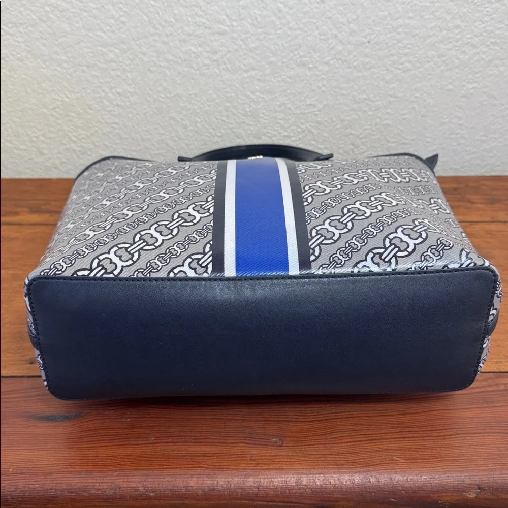 Tory Burch Gimini Link Canvas Satchel Navy and White Patterned Tote.